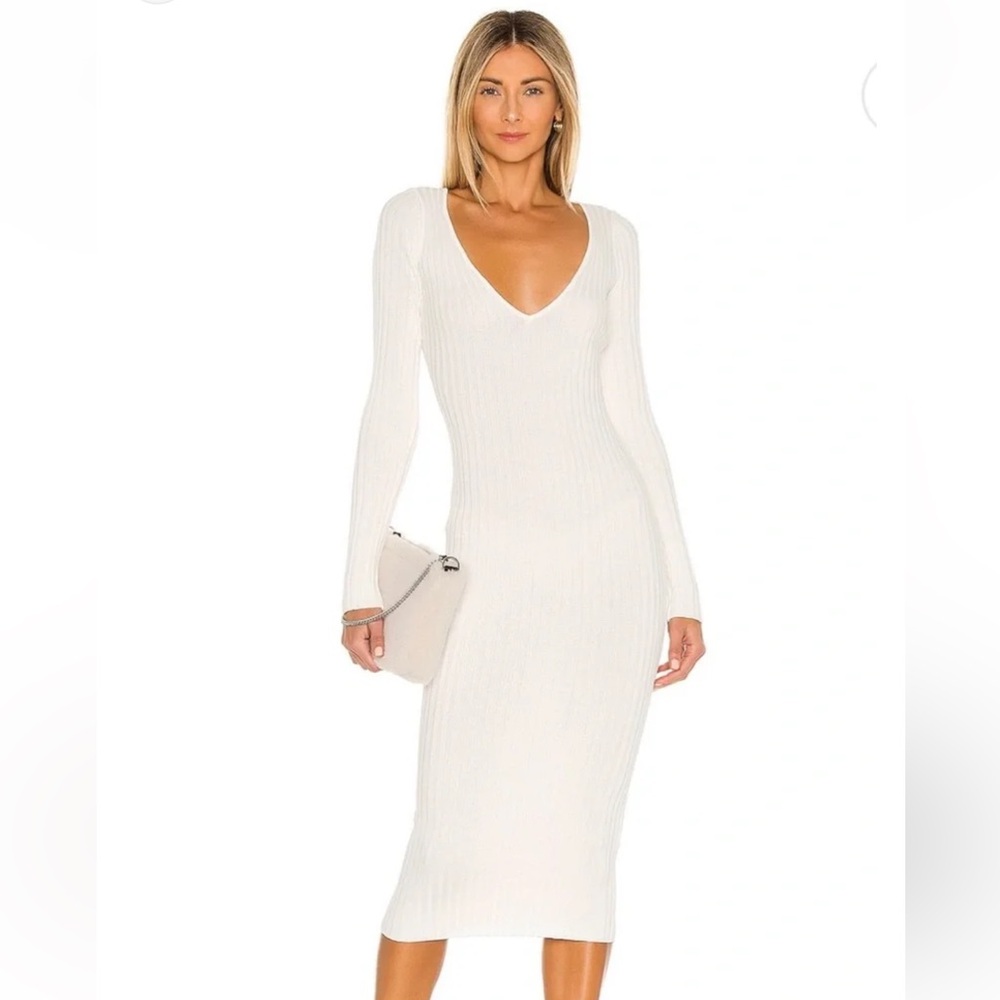 NWT Revolve NBD White Ribbed V-Neck Long Sleeve Midi Dress